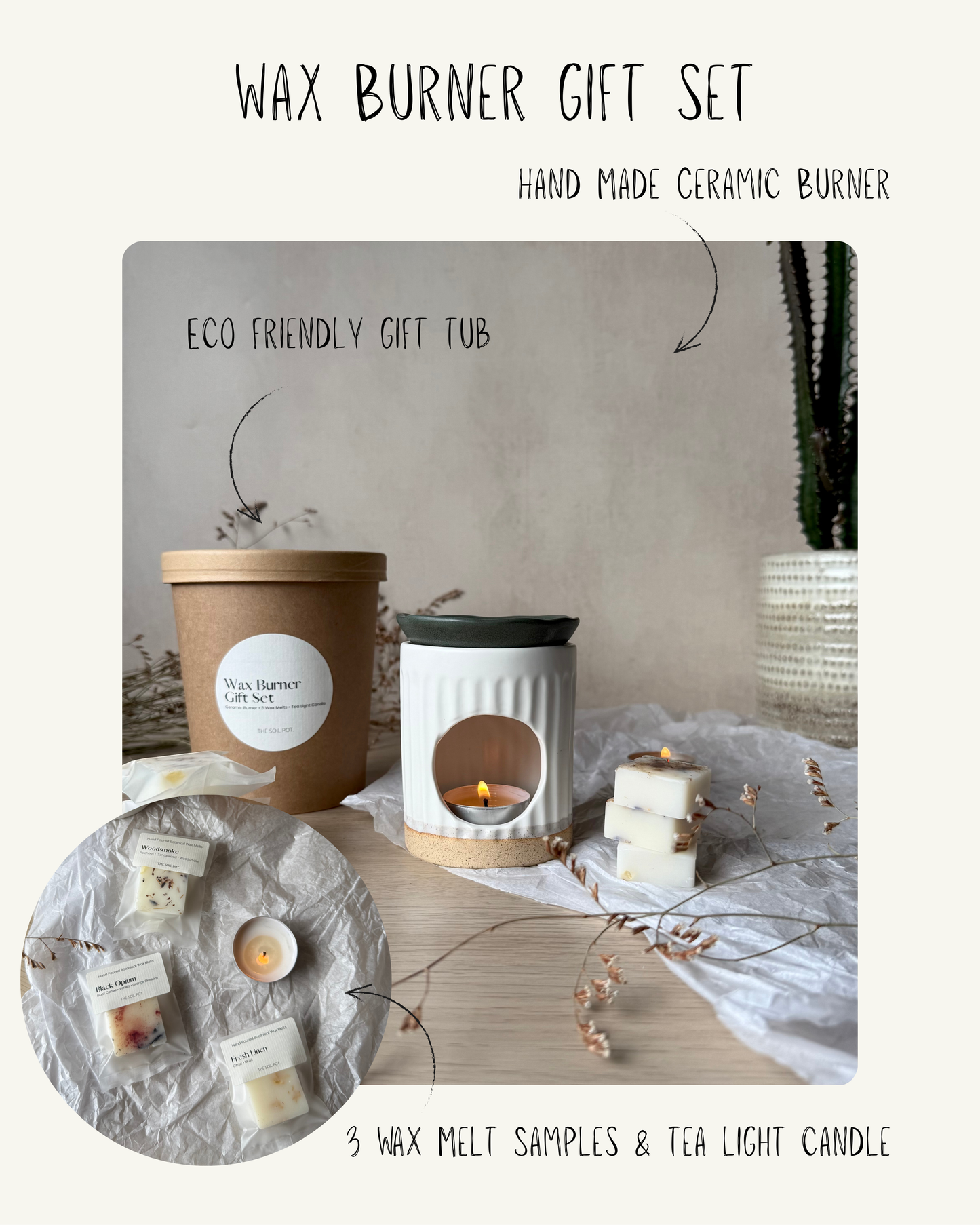 Hand Made Ceramic Sage & Ivory Wax Melt Burner Gift Set