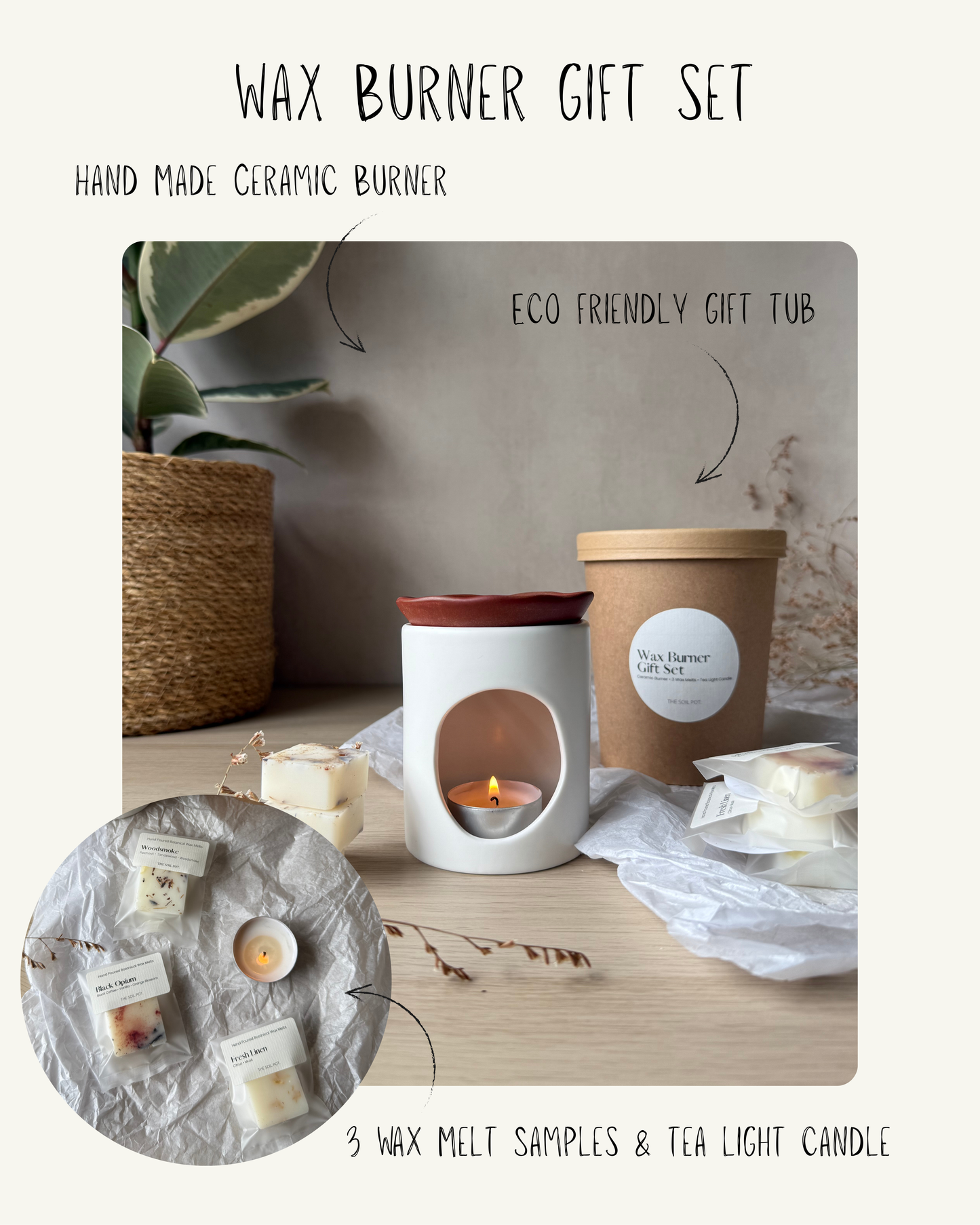 Hand Made Ceramic Terracotta & Ivory Wax Melt Burner Gift Set