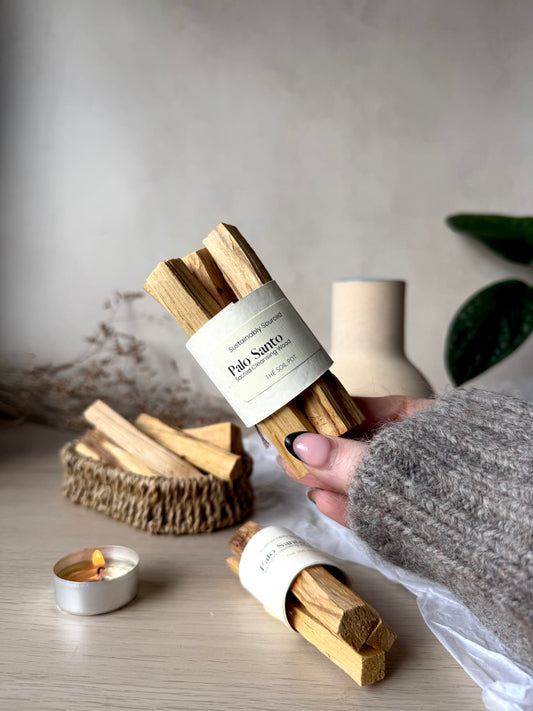 Person holding Palo Santo sticks with a candle and plant in the background