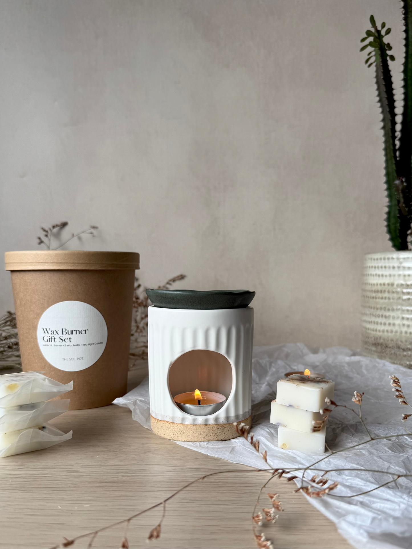 Hand Made Ceramic Sage & Ivory Wax Melt Burner Gift Set